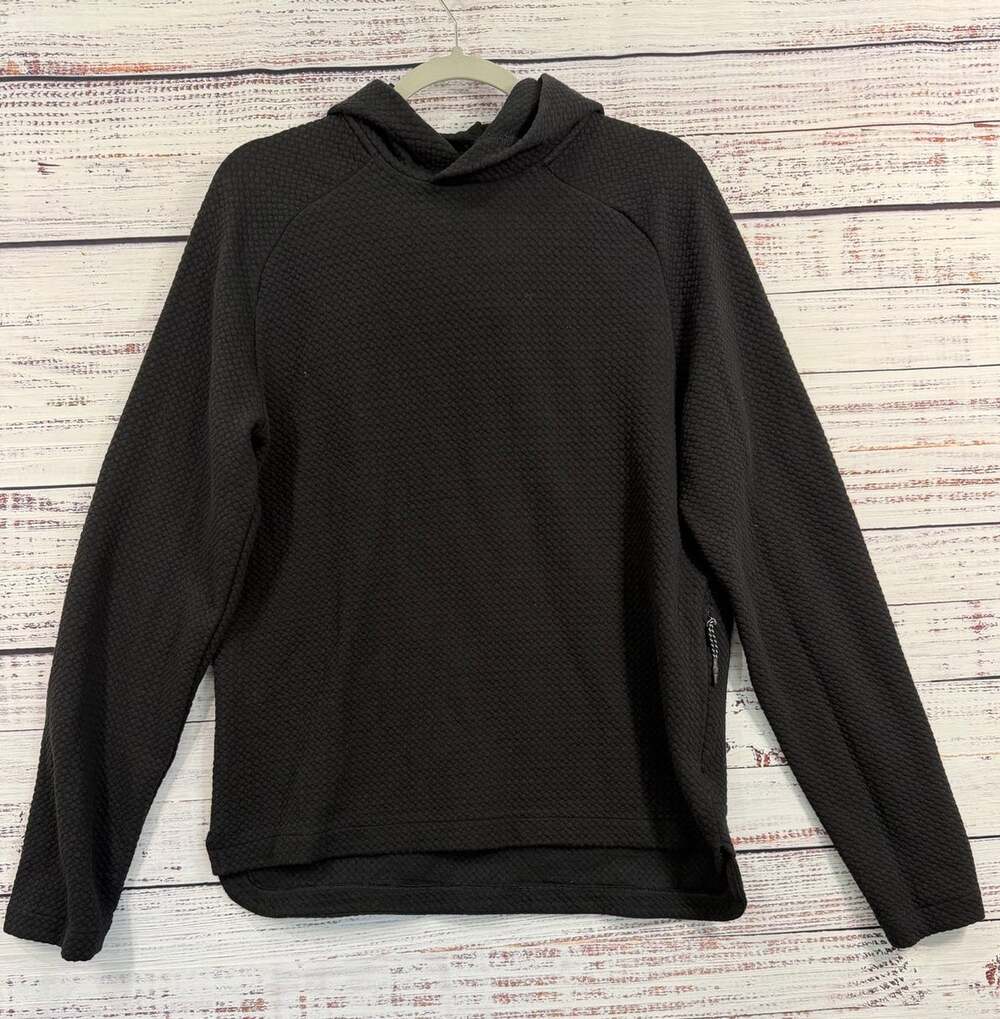 FLX Mens Textured Knit Hoodie M Black Raglan Pullover Zip Pocket High Low Hem